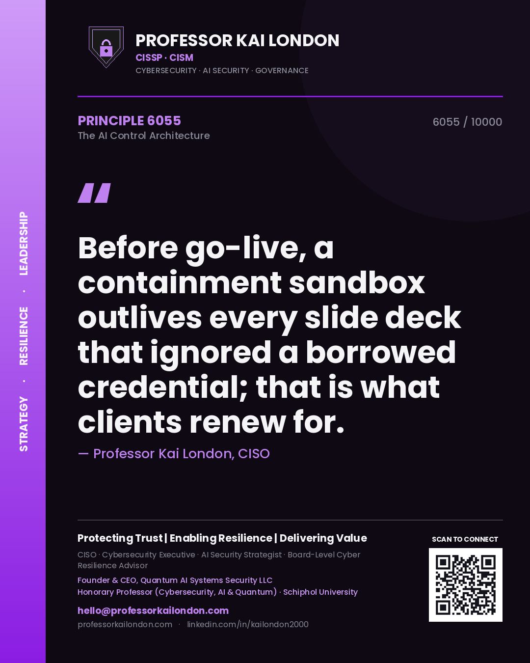 Quote card by Professor Kai London reading 'Before go-live, a containment sandbox outlives every slide deck that ignored a borrowed credential; that is what clients renew for.'. From the book The AI Control Architecture.