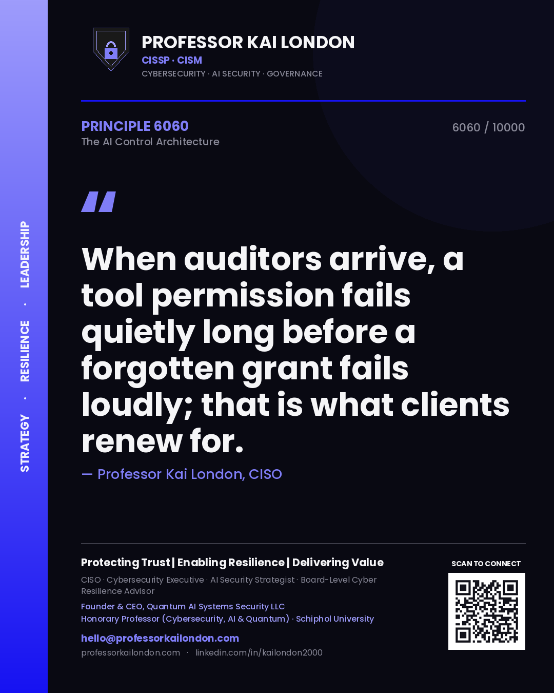 Quote card by Professor Kai London reading 'When auditors arrive, a tool permission fails quietly long before a forgotten grant fails loudly; that is what clients renew for.'. From the book The AI Control Architecture.