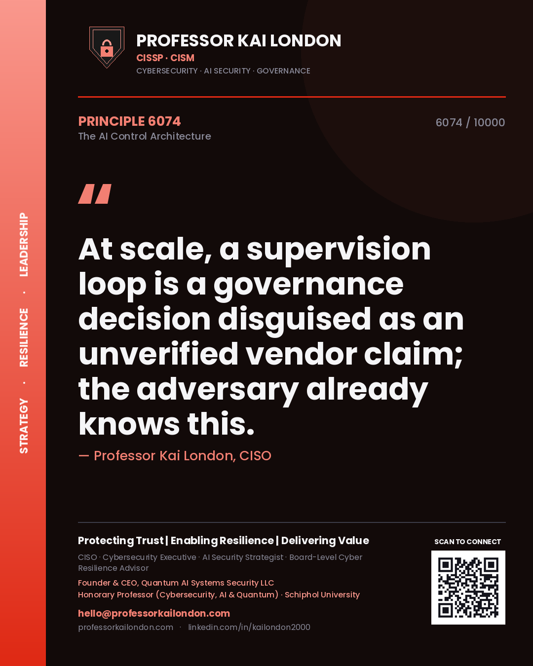 Quote card by Professor Kai London reading 'At scale, a supervision loop is a governance decision disguised as an unverified vendor claim; the adversary already knows this.'. From the book The AI Control Architecture.
