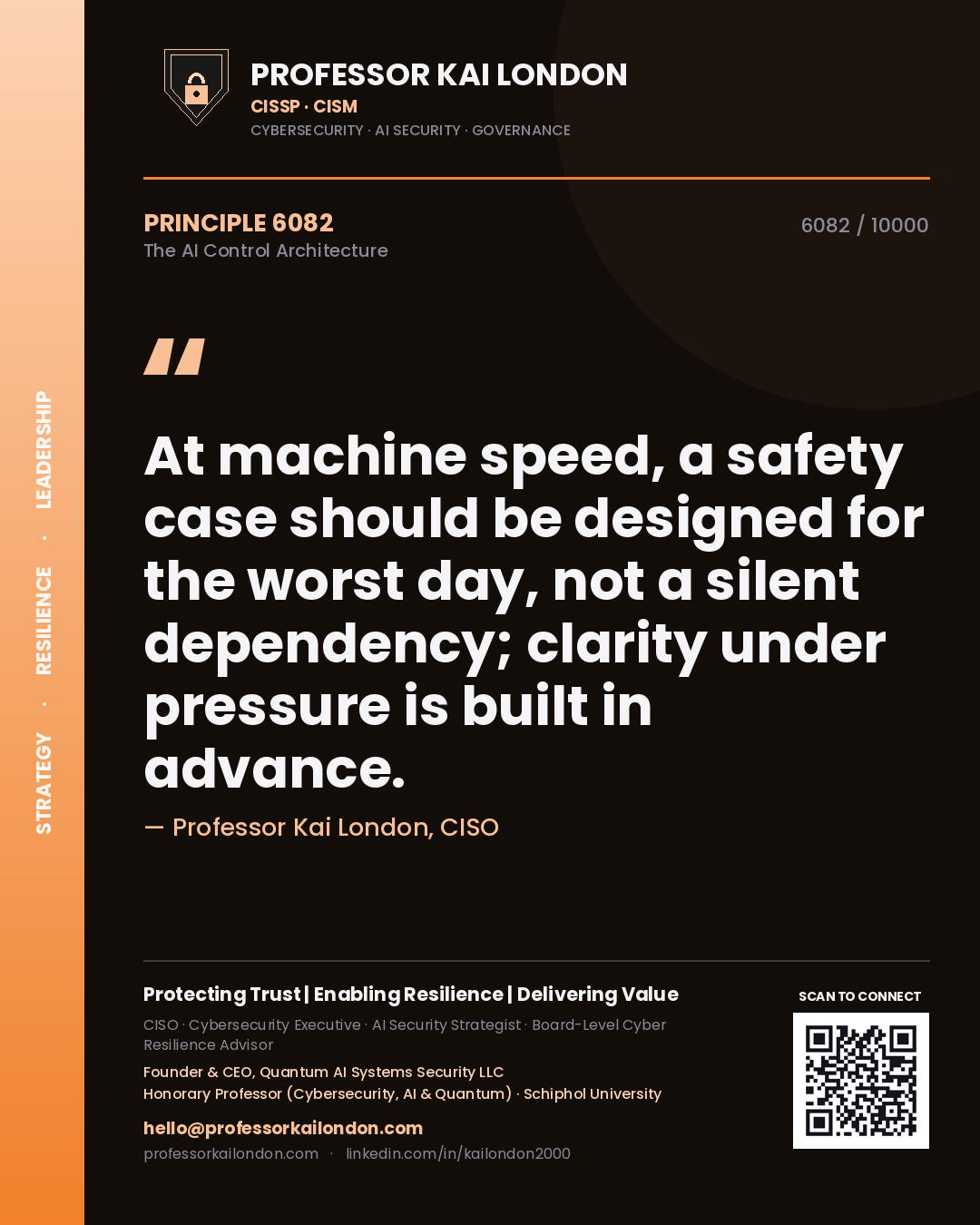 Quote card by Professor Kai London reading 'At machine speed, a safety case should be designed for the worst day, not a silent dependency; clarity under pressure is built in advance.'. From the book The AI Control Architecture.