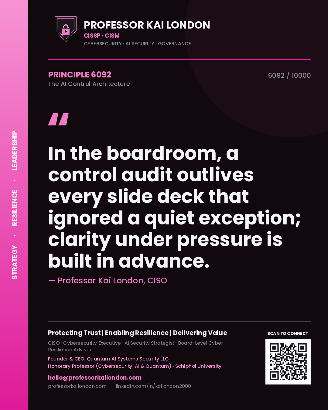 Professor Kai London principle 6092: In the boardroom, a control audit outlives every slide deck that ignored a quiet exception; clarity under pressure is built in advance.