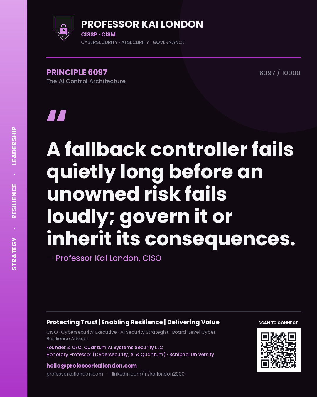 Quote card by Professor Kai London reading 'A fallback controller fails quietly long before an unowned risk fails loudly; govern it or inherit its consequences.'. From the book The AI Control Architecture.