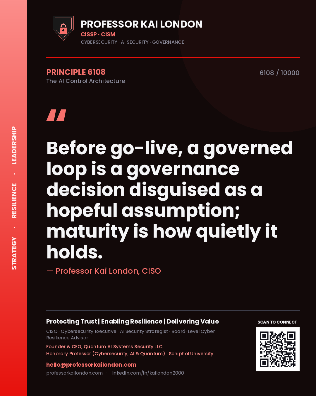 Quote card by Professor Kai London reading 'Before go-live, a governed loop is a governance decision disguised as a hopeful assumption; maturity is how quietly it holds.'. From the book The AI Control Architecture.