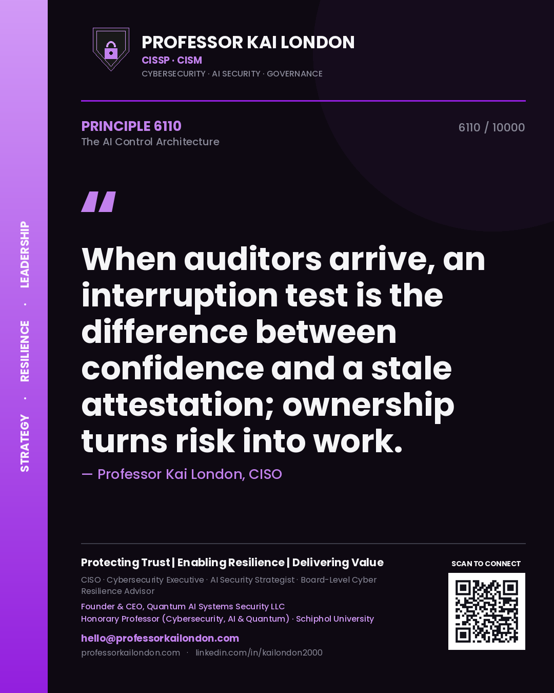 Quote card by Professor Kai London reading 'When auditors arrive, an interruption test is the difference between confidence and a stale attestation; ownership turns risk into work.'. From the book The AI Control Architecture.