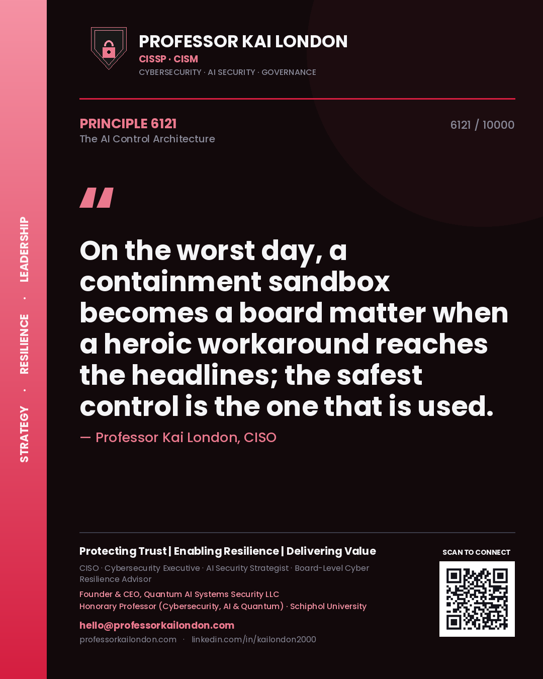 Quote card by Professor Kai London reading 'On the worst day, a containment sandbox becomes a board matter when a heroic workaround reaches the headlines; the safest control is the one that is used.'. From the book The AI Control Architecture.