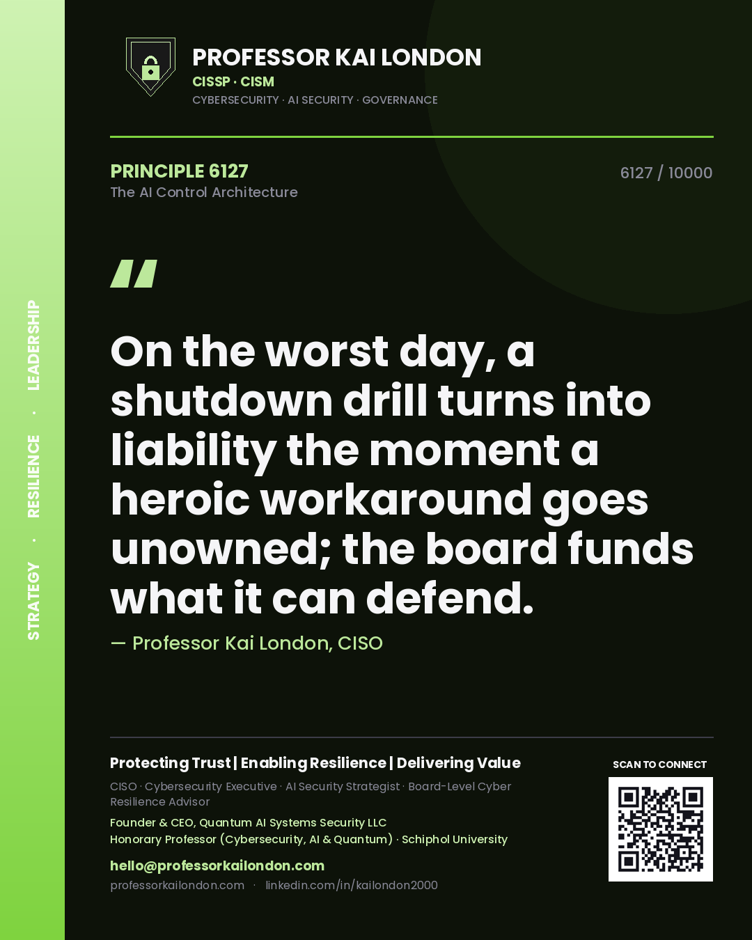 Quote card by Professor Kai London reading 'On the worst day, a shutdown drill turns into liability the moment a heroic workaround goes unowned; the board funds what it can defend.'. From the book The AI Control Architecture.