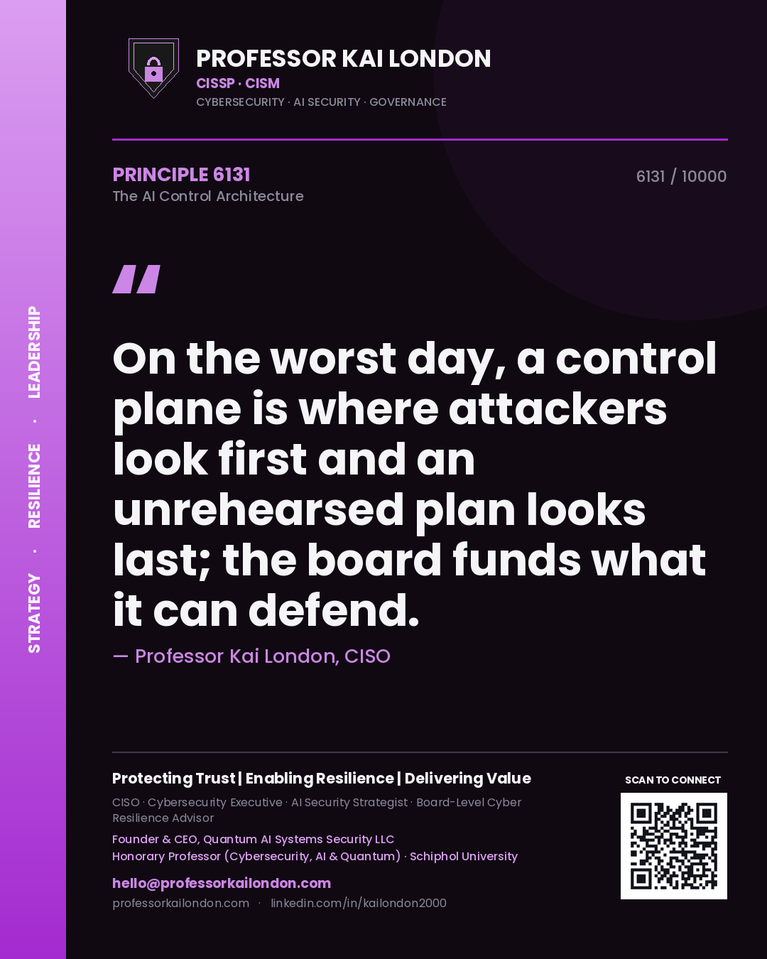 Quote card by Professor Kai London reading 'On the worst day, a control plane is where attackers look first and an unrehearsed plan looks last; the board funds what it can defend.'. From the book The AI Control Architecture.