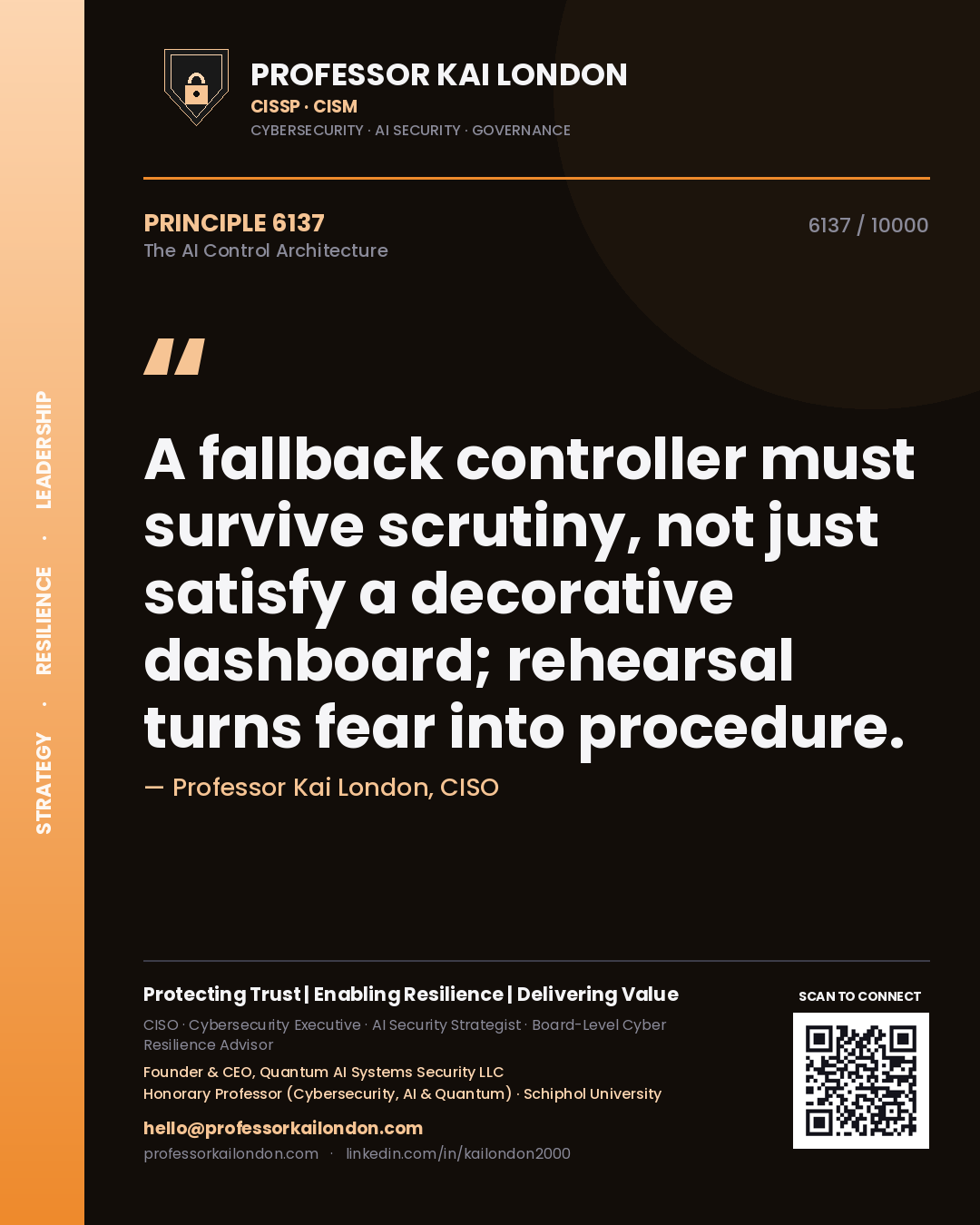 Quote card by Professor Kai London reading 'A fallback controller must survive scrutiny, not just satisfy a decorative dashboard; rehearsal turns fear into procedure.'. From the book The AI Control Architecture.