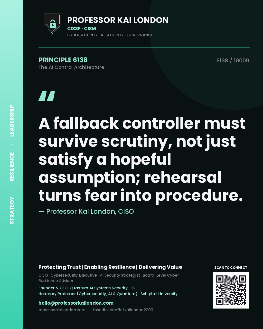 Quote card by Professor Kai London reading 'A fallback controller must survive scrutiny, not just satisfy a hopeful assumption; rehearsal turns fear into procedure.'. From the book The AI Control Architecture.