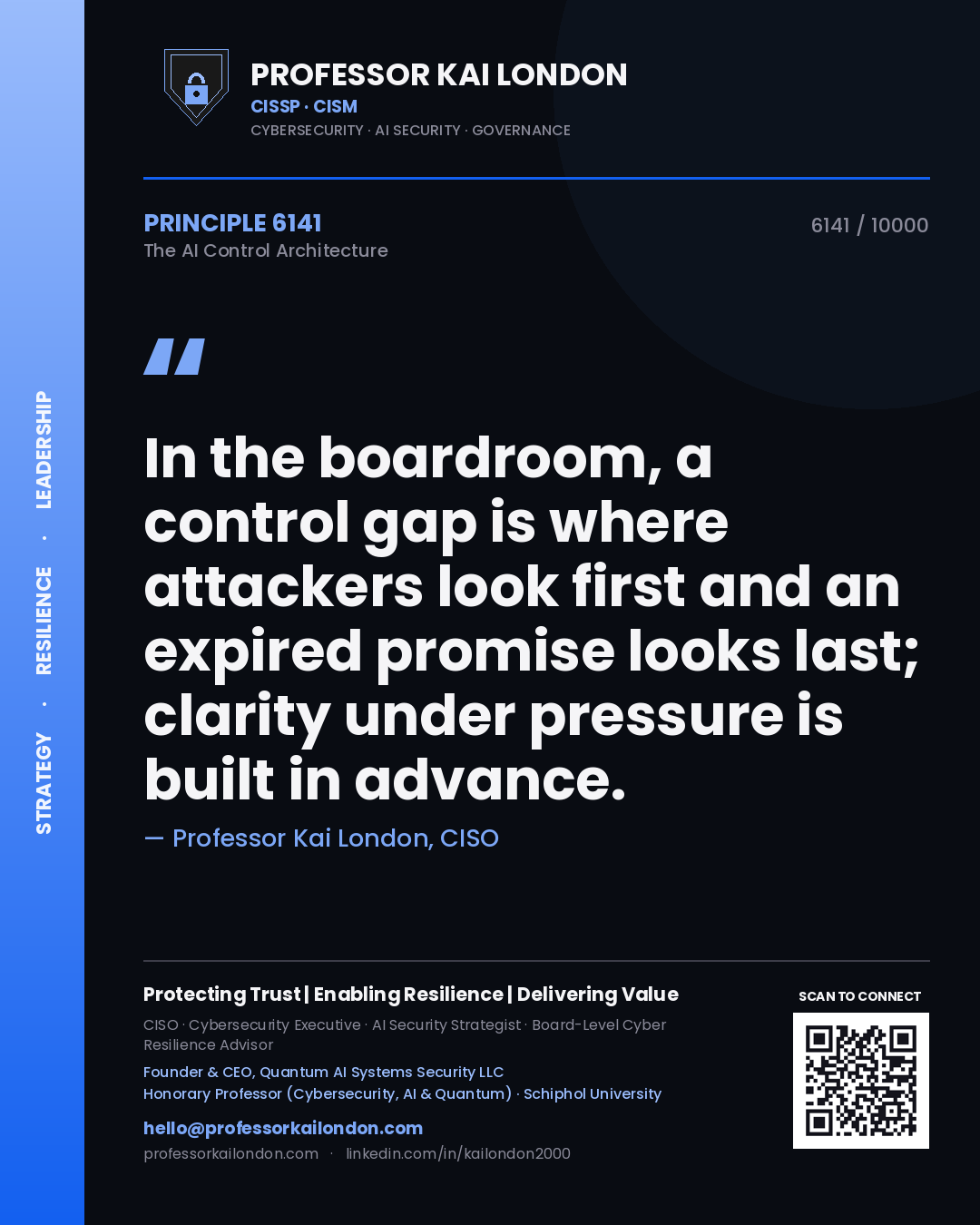 Quote card by Professor Kai London reading 'In the boardroom, a control gap is where attackers look first and an expired promise looks last; clarity under pressure is built in advance.'. From the book The AI Control Architecture.