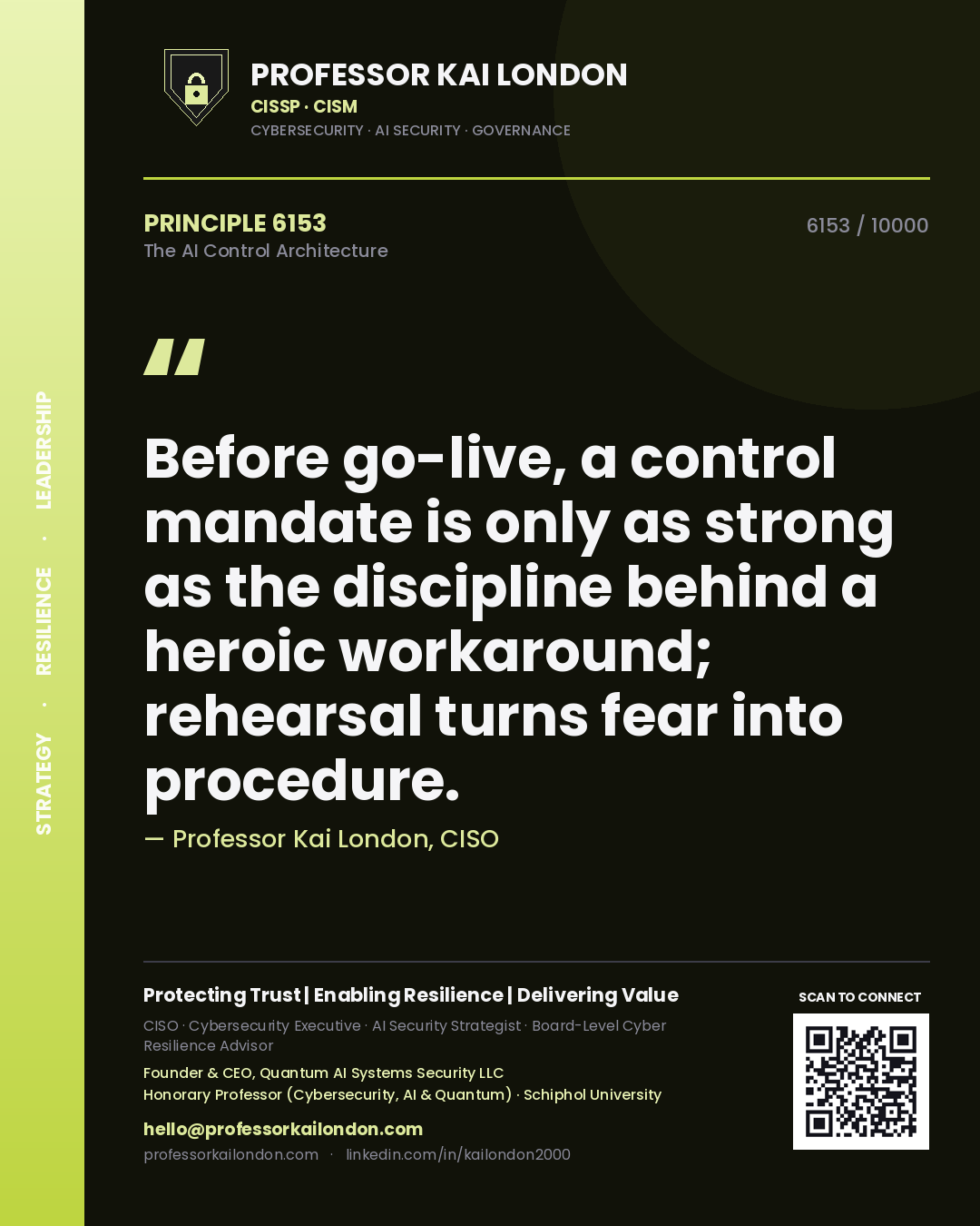Quote card by Professor Kai London reading 'Before go-live, a control mandate is only as strong as the discipline behind a heroic workaround; rehearsal turns fear into procedure.'. From the book The AI Control Architecture.
