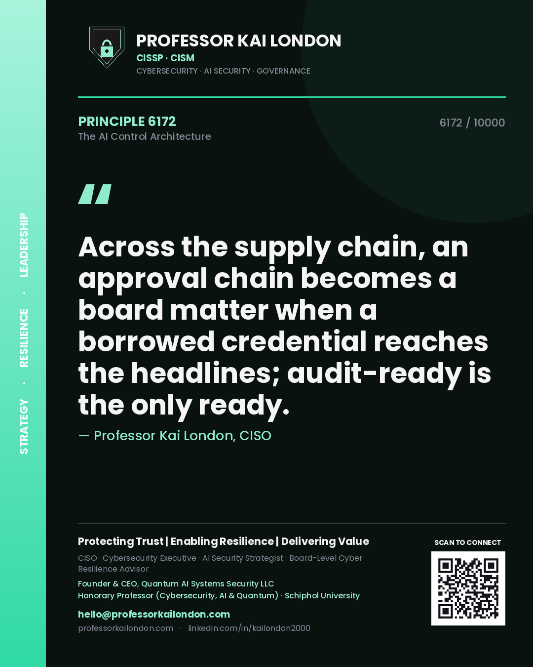 Quote card by Professor Kai London reading 'Across the supply chain, an approval chain becomes a board matter when a borrowed credential reaches the headlines; audit-ready is the only ready.'. From the book The AI Control Architecture.