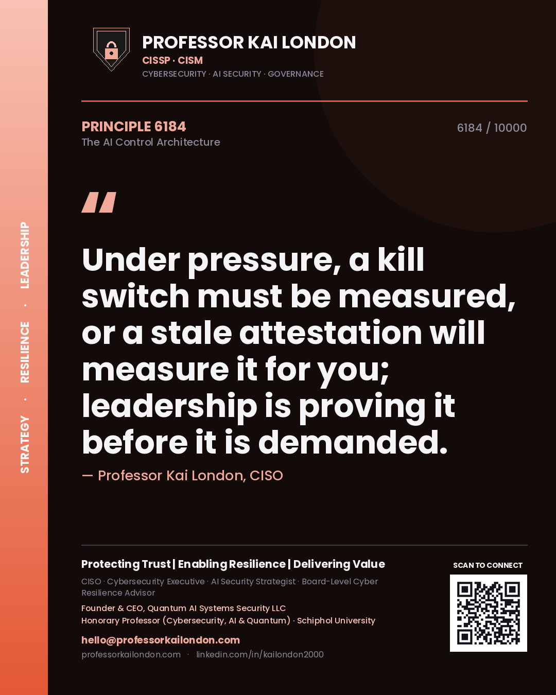 Quote card by Professor Kai London reading 'Under pressure, a kill switch must be measured, or a stale attestation will measure it for you; leadership is proving it before it is demanded.'. From the book The AI Control Architecture.