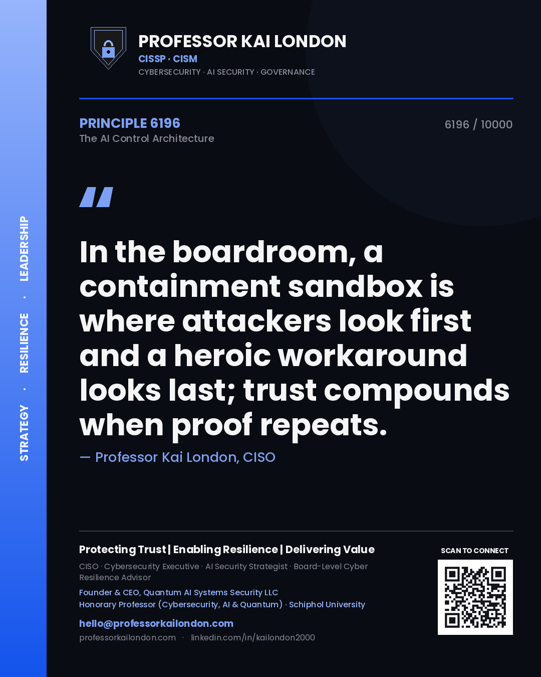Quote card by Professor Kai London reading 'In the boardroom, a containment sandbox is where attackers look first and a heroic workaround looks last; trust compounds when proof repeats.'. From the book The AI Control Architecture.