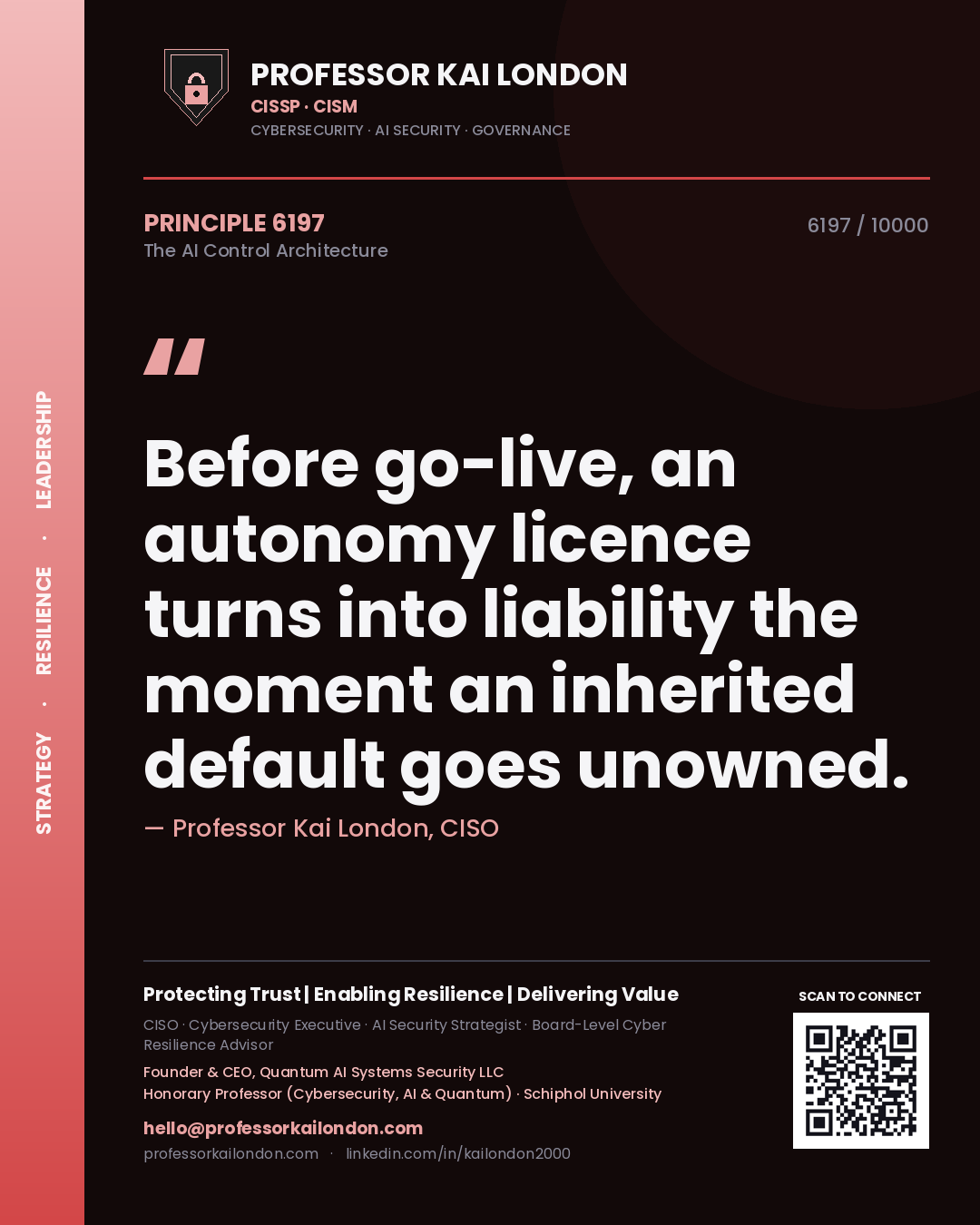 Quote card by Professor Kai London reading 'Before go-live, an autonomy licence turns into liability the moment an inherited default goes unowned.'. From the book The AI Control Architecture.
