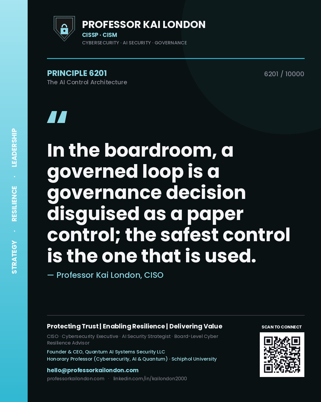 Professor Kai London principle 6201: In the boardroom, a governed loop is a governance decision disguised as a paper control; the safest control is the one that is used.