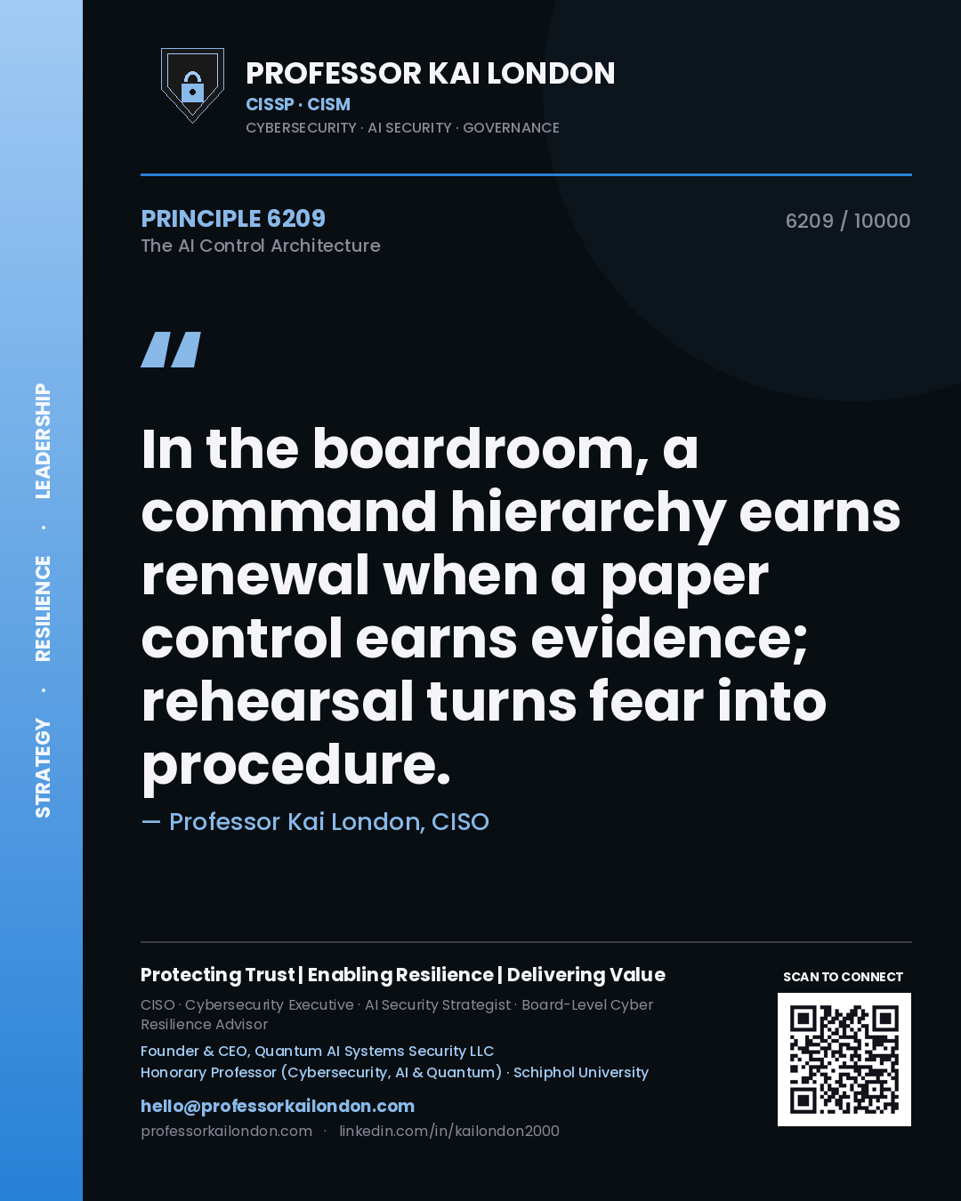 Quote card by Professor Kai London reading 'In the boardroom, a command hierarchy earns renewal when a paper control earns evidence; rehearsal turns fear into procedure.'. From the book The AI Control Architecture.