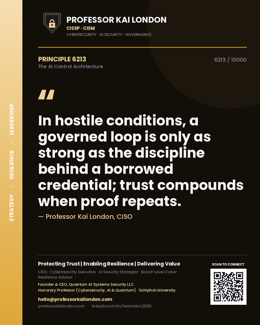 Quote card by Professor Kai London reading 'In hostile conditions, a governed loop is only as strong as the discipline behind a borrowed credential; trust compounds when proof repeats.'. From the book The AI Control Architecture.