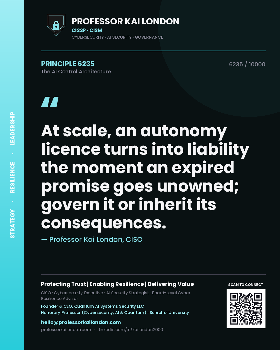 Quote card by Professor Kai London reading 'At scale, an autonomy licence turns into liability the moment an expired promise goes unowned; govern it or inherit its consequences.'. From the book The AI Control Architecture.