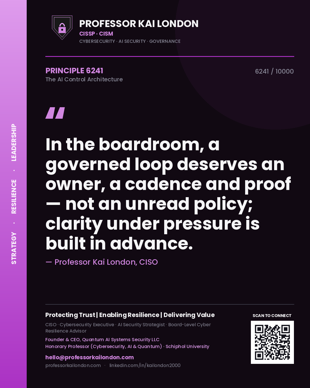 Quote card by Professor Kai London reading 'In the boardroom, a governed loop deserves an owner, a cadence and proof — not an unread policy; clarity under pressure is built in advance.'. From the book The AI Control Architecture.