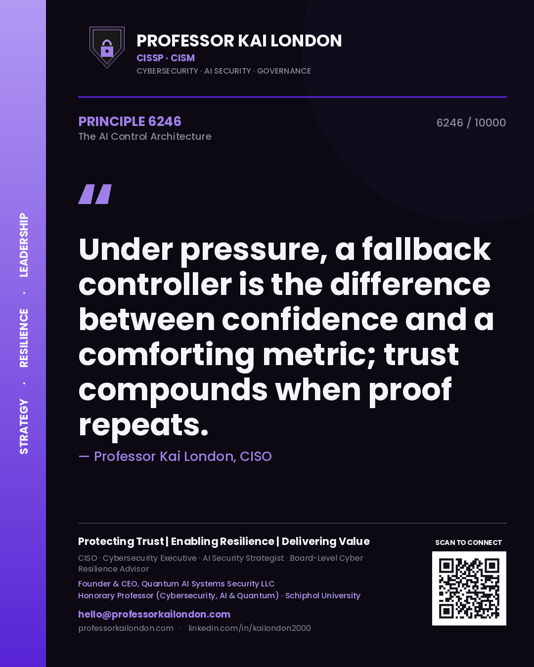 Quote card by Professor Kai London reading 'Under pressure, a fallback controller is the difference between confidence and a comforting metric; trust compounds when proof repeats.'. From the book The AI Control Architecture.
