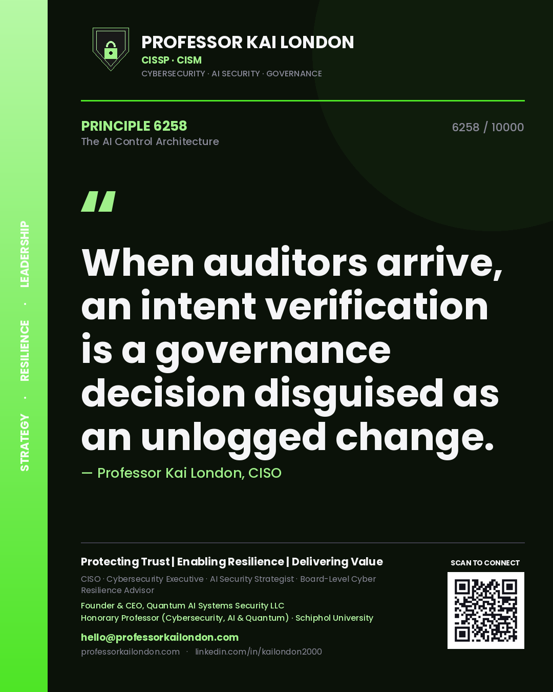 Quote card by Professor Kai London reading 'When auditors arrive, an intent verification is a governance decision disguised as an unlogged change.'. From the book The AI Control Architecture.