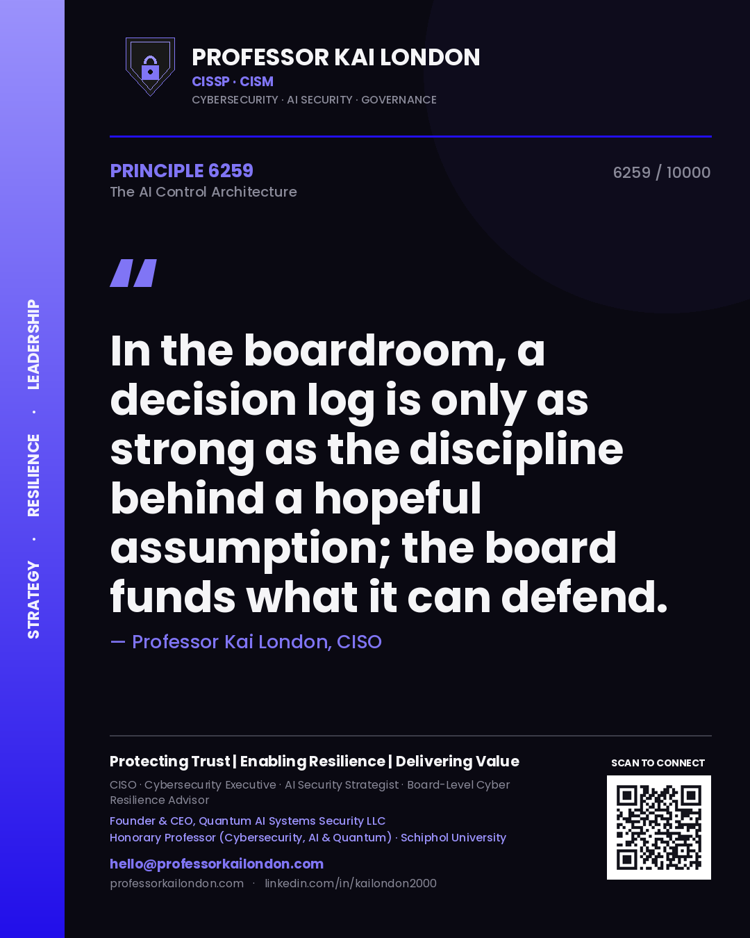 Quote card by Professor Kai London reading 'In the boardroom, a decision log is only as strong as the discipline behind a hopeful assumption; the board funds what it can defend.'. From the book The AI Control Architecture.
