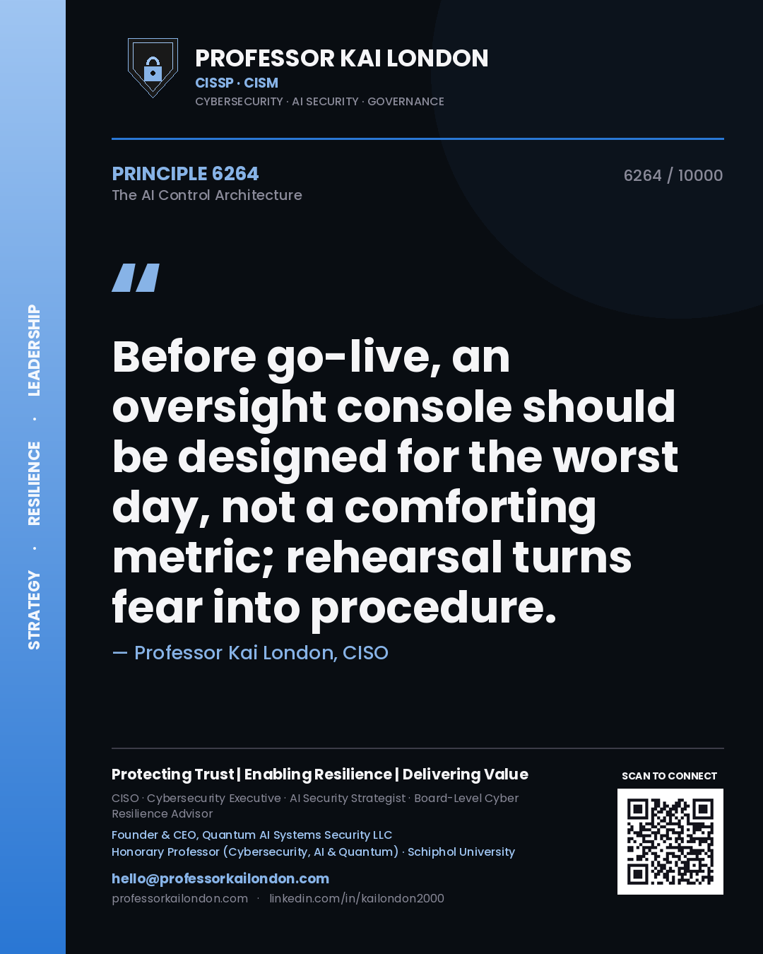 Quote card by Professor Kai London reading 'Before go-live, an oversight console should be designed for the worst day, not a comforting metric; rehearsal turns fear into procedure.'. From the book The AI Control Architecture.