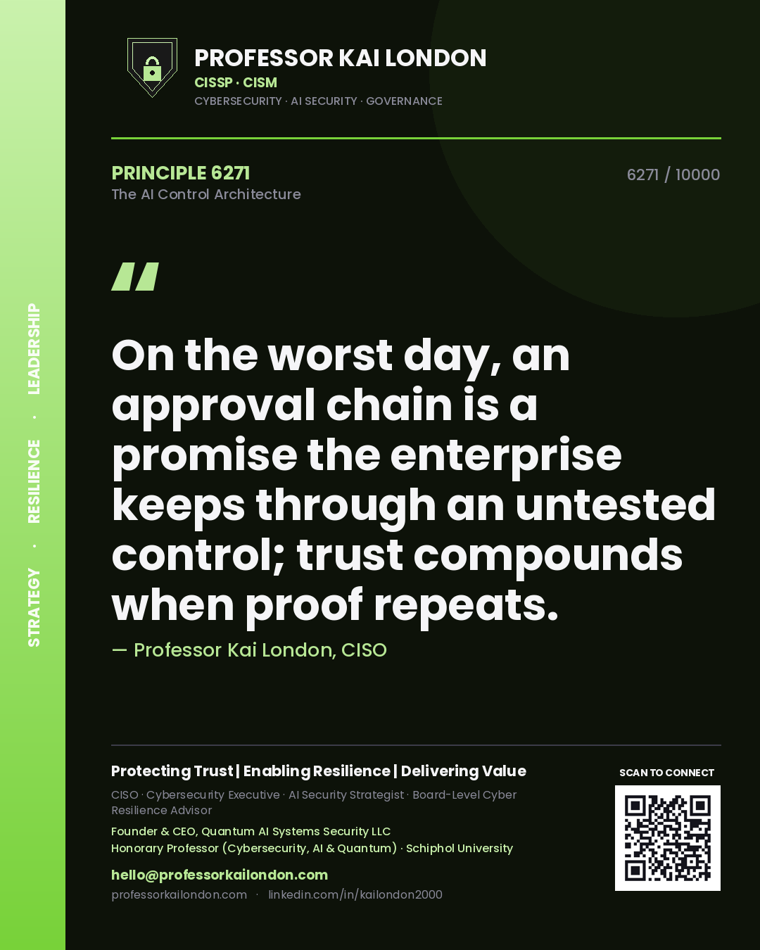 Quote card by Professor Kai London reading 'On the worst day, an approval chain is a promise the enterprise keeps through an untested control; trust compounds when proof repeats.'. From the book The AI Control Architecture.