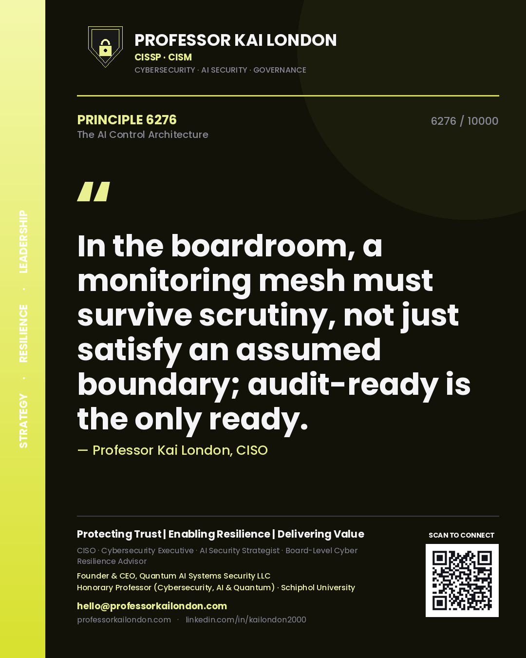 Quote card by Professor Kai London reading 'In the boardroom, a monitoring mesh must survive scrutiny, not just satisfy an assumed boundary; audit-ready is the only ready.'. From the book The AI Control Architecture.