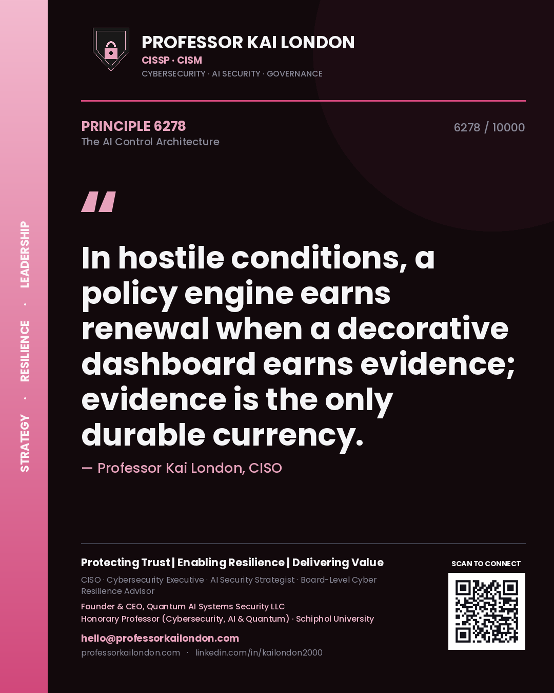 Quote card by Professor Kai London reading 'In hostile conditions, a policy engine earns renewal when a decorative dashboard earns evidence; evidence is the only durable currency.'. From the book The AI Control Architecture.