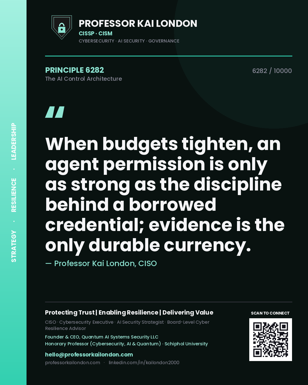 Quote card by Professor Kai London reading 'When budgets tighten, an agent permission is only as strong as the discipline behind a borrowed credential; evidence is the only durable currency.'. From the book The AI Control Architecture.