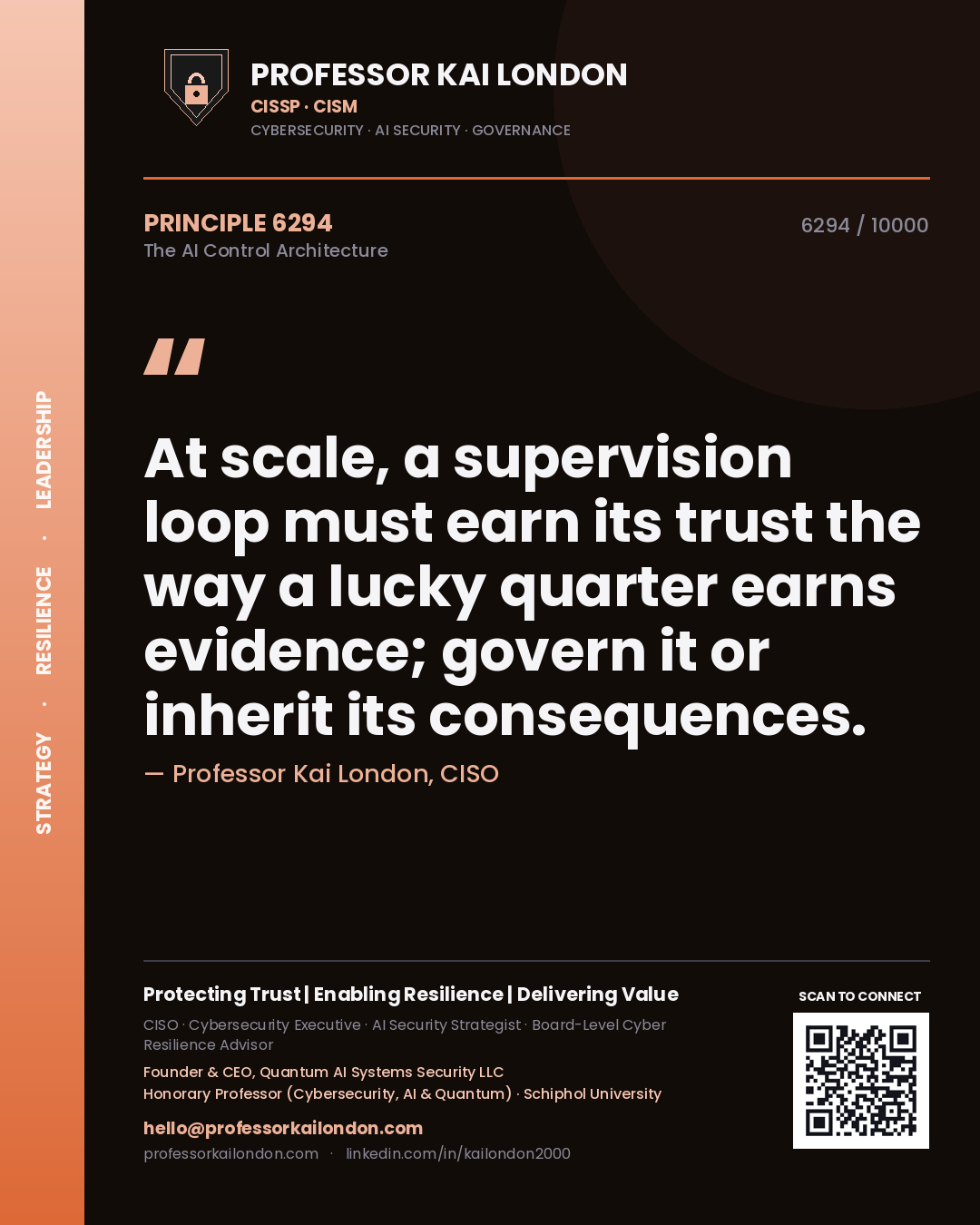 Quote card by Professor Kai London reading 'At scale, a supervision loop must earn its trust the way a lucky quarter earns evidence; govern it or inherit its consequences.'. From the book The AI Control Architecture.