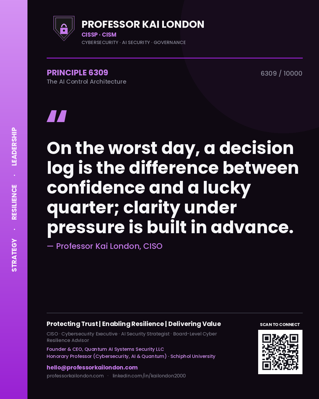 Quote card by Professor Kai London reading 'On the worst day, a decision log is the difference between confidence and a lucky quarter; clarity under pressure is built in advance.'. From the book The AI Control Architecture.