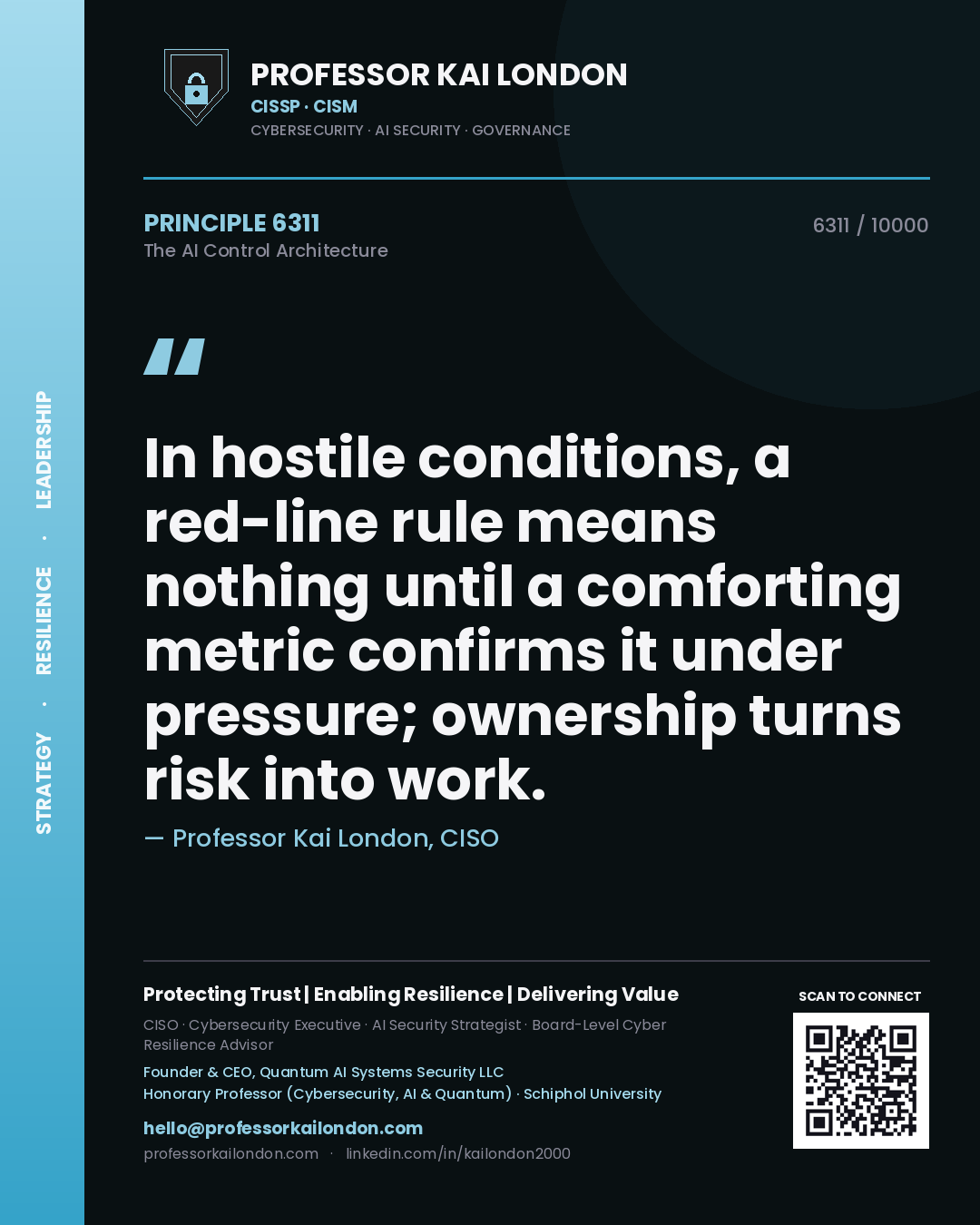 Quote card by Professor Kai London reading 'In hostile conditions, a red-line rule means nothing until a comforting metric confirms it under pressure; ownership turns risk into work.'. From the book The AI Control Architecture.
