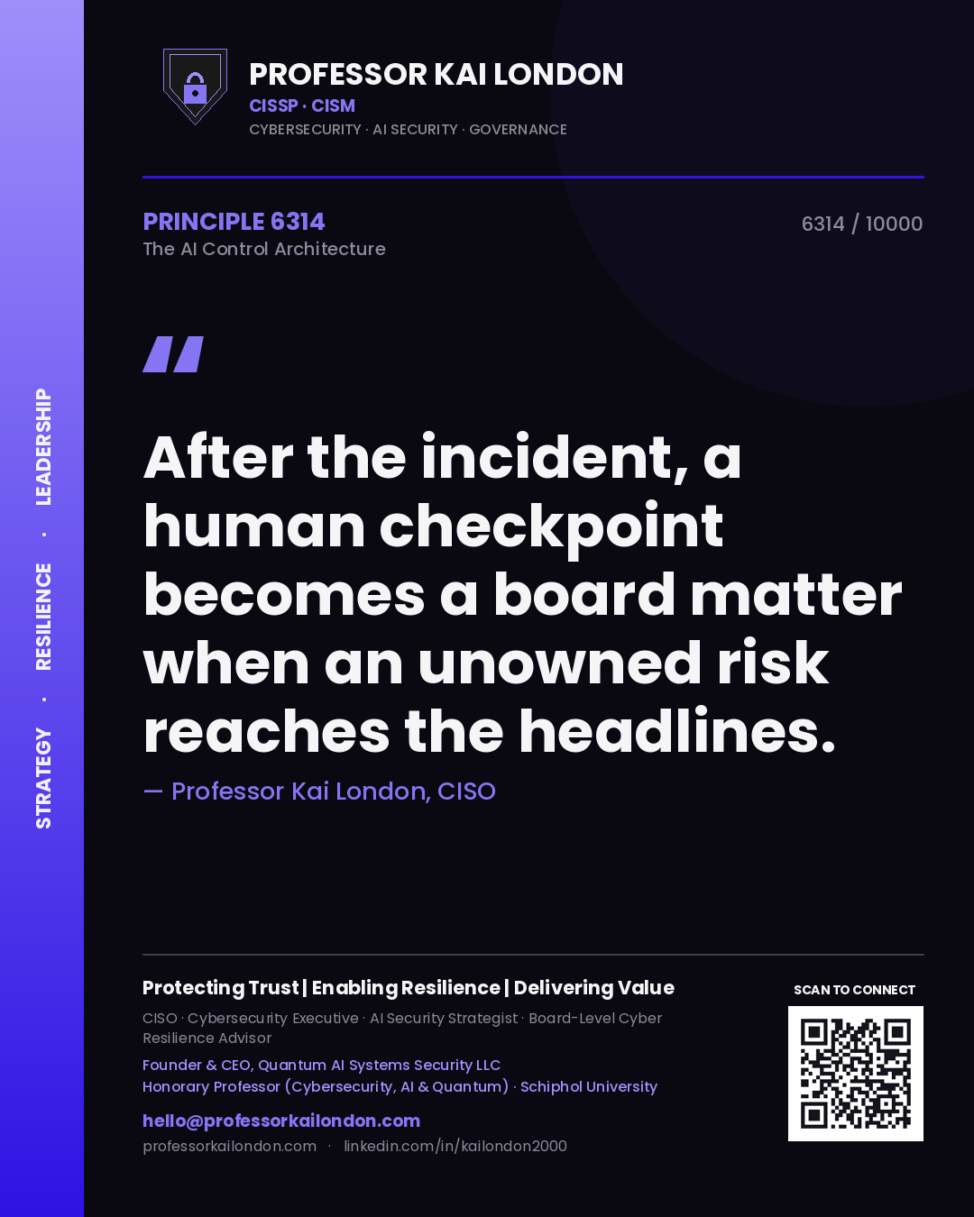 Quote card by Professor Kai London reading 'After the incident, a human checkpoint becomes a board matter when an unowned risk reaches the headlines.'. From the book The AI Control Architecture.
