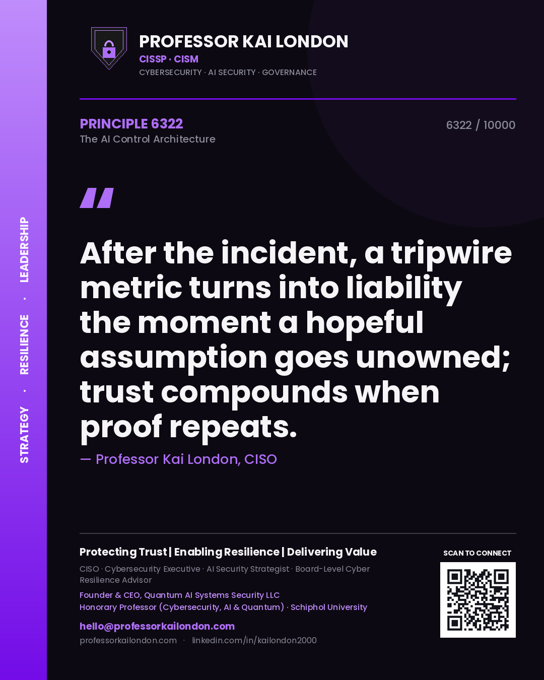 Quote card by Professor Kai London reading 'After the incident, a tripwire metric turns into liability the moment a hopeful assumption goes unowned; trust compounds when proof repeats.'. From the book The AI Control Architecture.