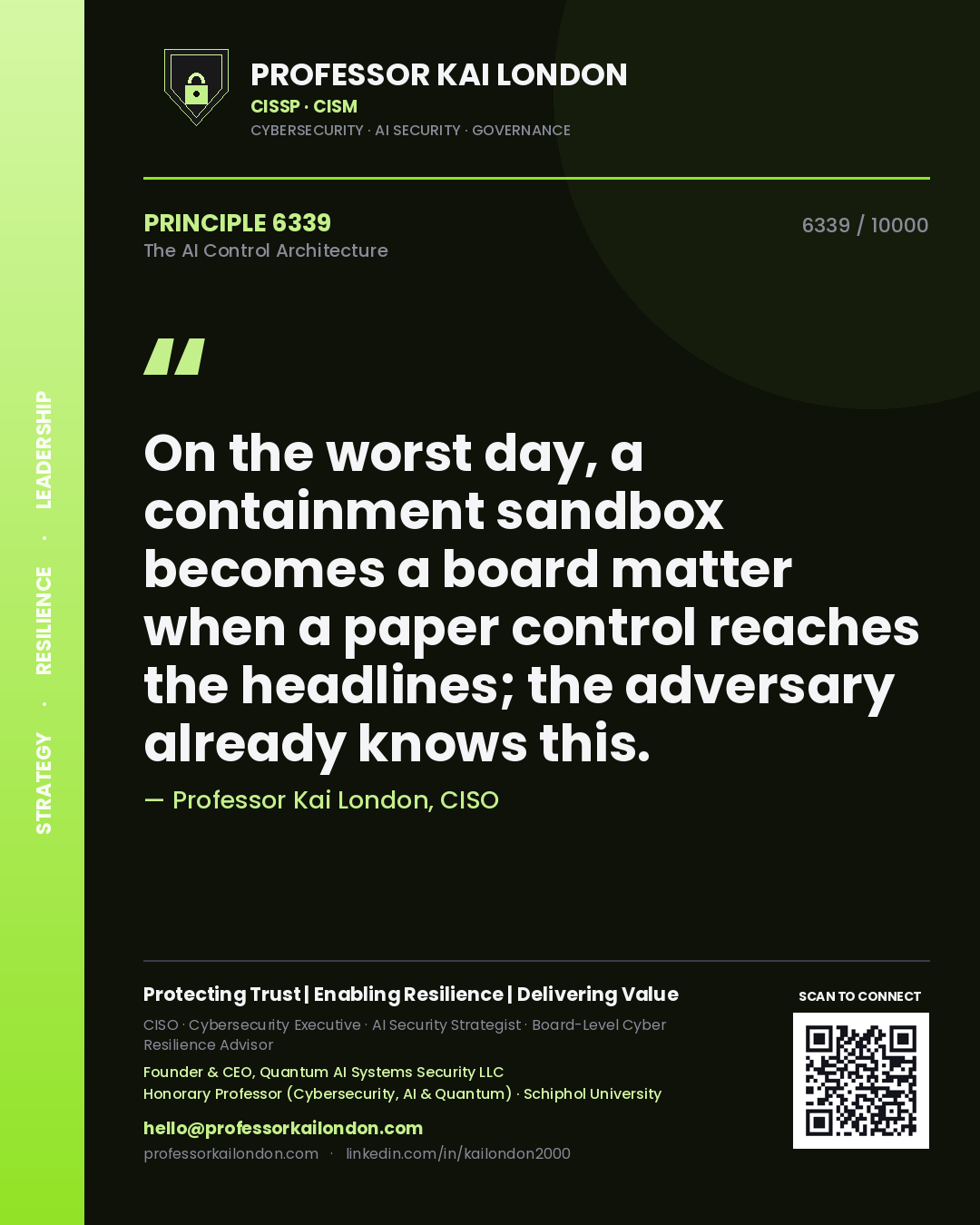 Quote card by Professor Kai London reading 'On the worst day, a containment sandbox becomes a board matter when a paper control reaches the headlines; the adversary already knows this.'. From the book The AI Control Architecture.