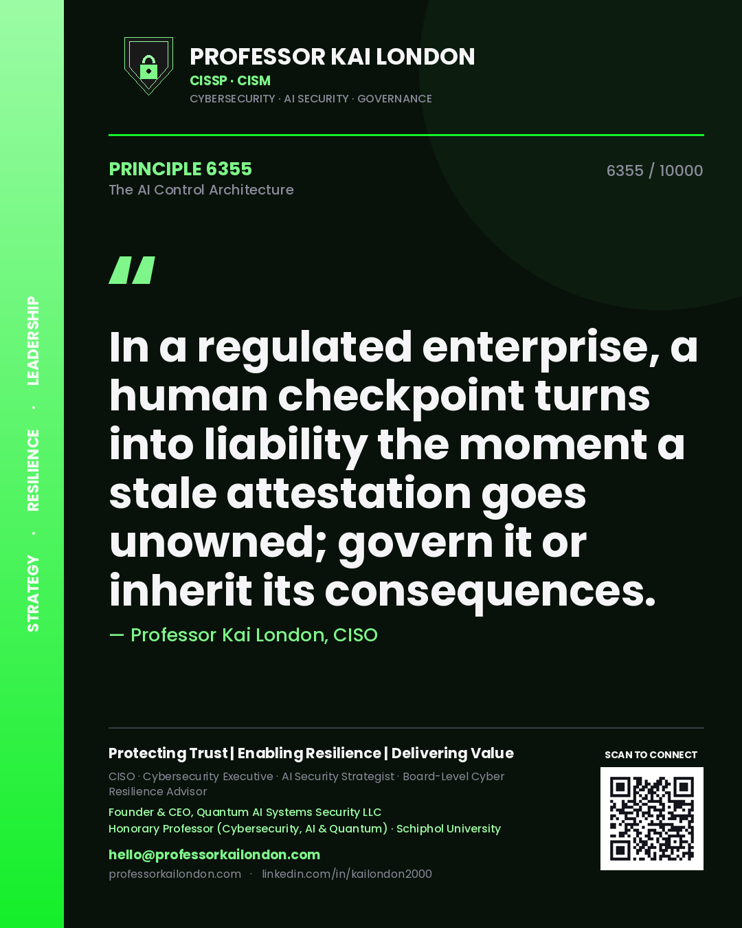 Quote card by Professor Kai London reading 'In a regulated enterprise, a human checkpoint turns into liability the moment a stale attestation goes unowned; govern it or inherit its consequences.'. From the book The AI Control Architecture.