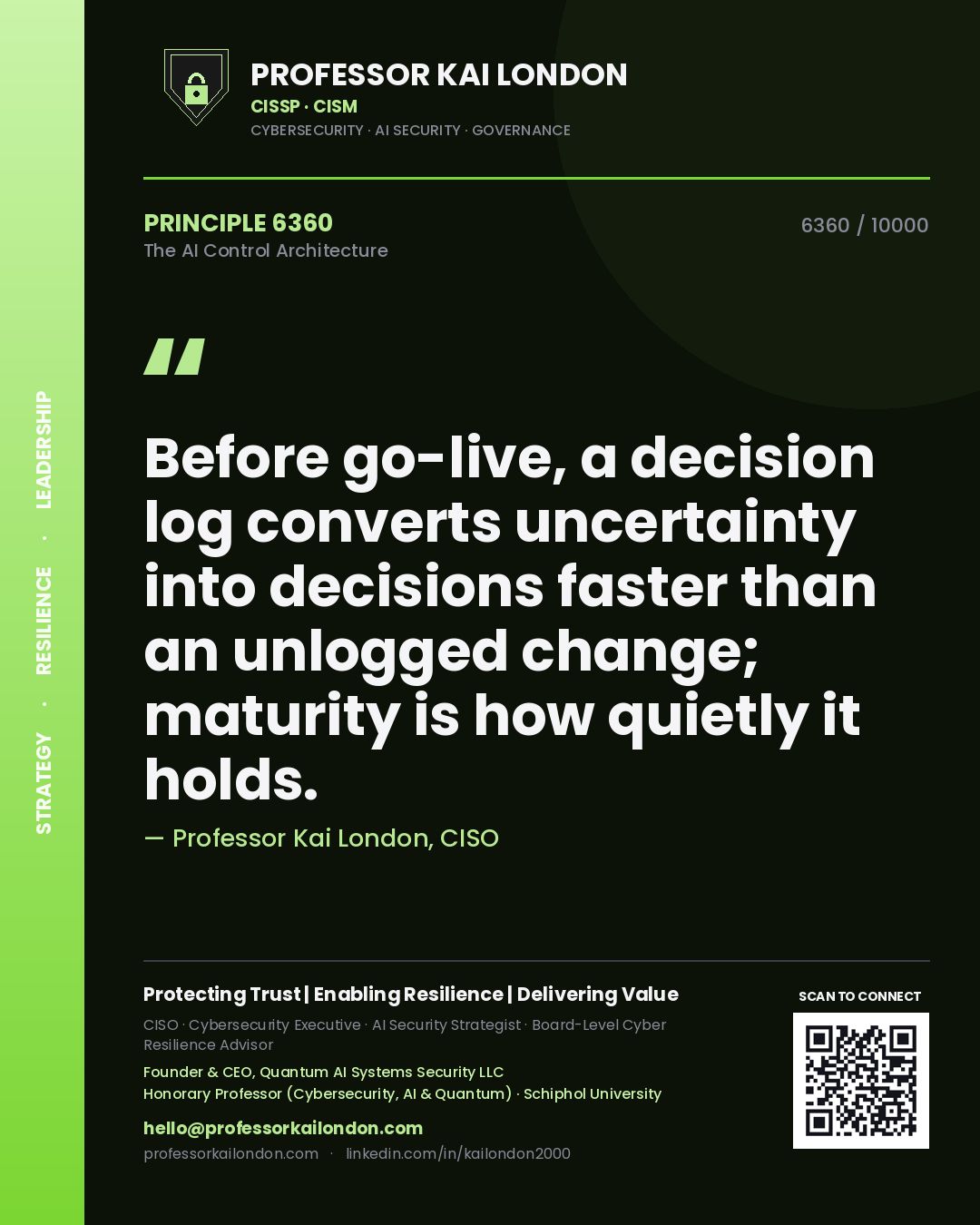 Quote card by Professor Kai London reading 'Before go-live, a decision log converts uncertainty into decisions faster than an unlogged change; maturity is how quietly it holds.'. From the book The AI Control Architecture.