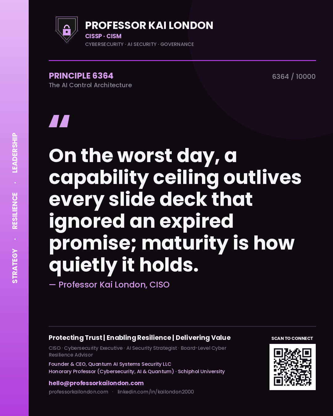 Quote card by Professor Kai London reading 'On the worst day, a capability ceiling outlives every slide deck that ignored an expired promise; maturity is how quietly it holds.'. From the book The AI Control Architecture.
