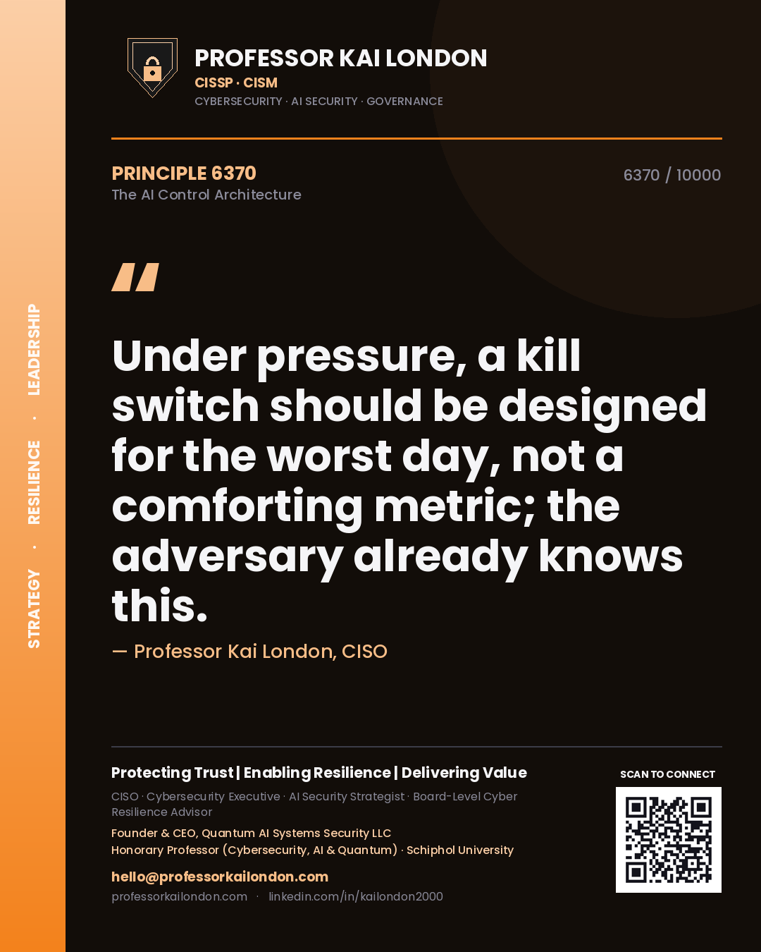 Quote card by Professor Kai London reading 'Under pressure, a kill switch should be designed for the worst day, not a comforting metric; the adversary already knows this.'. From the book The AI Control Architecture.