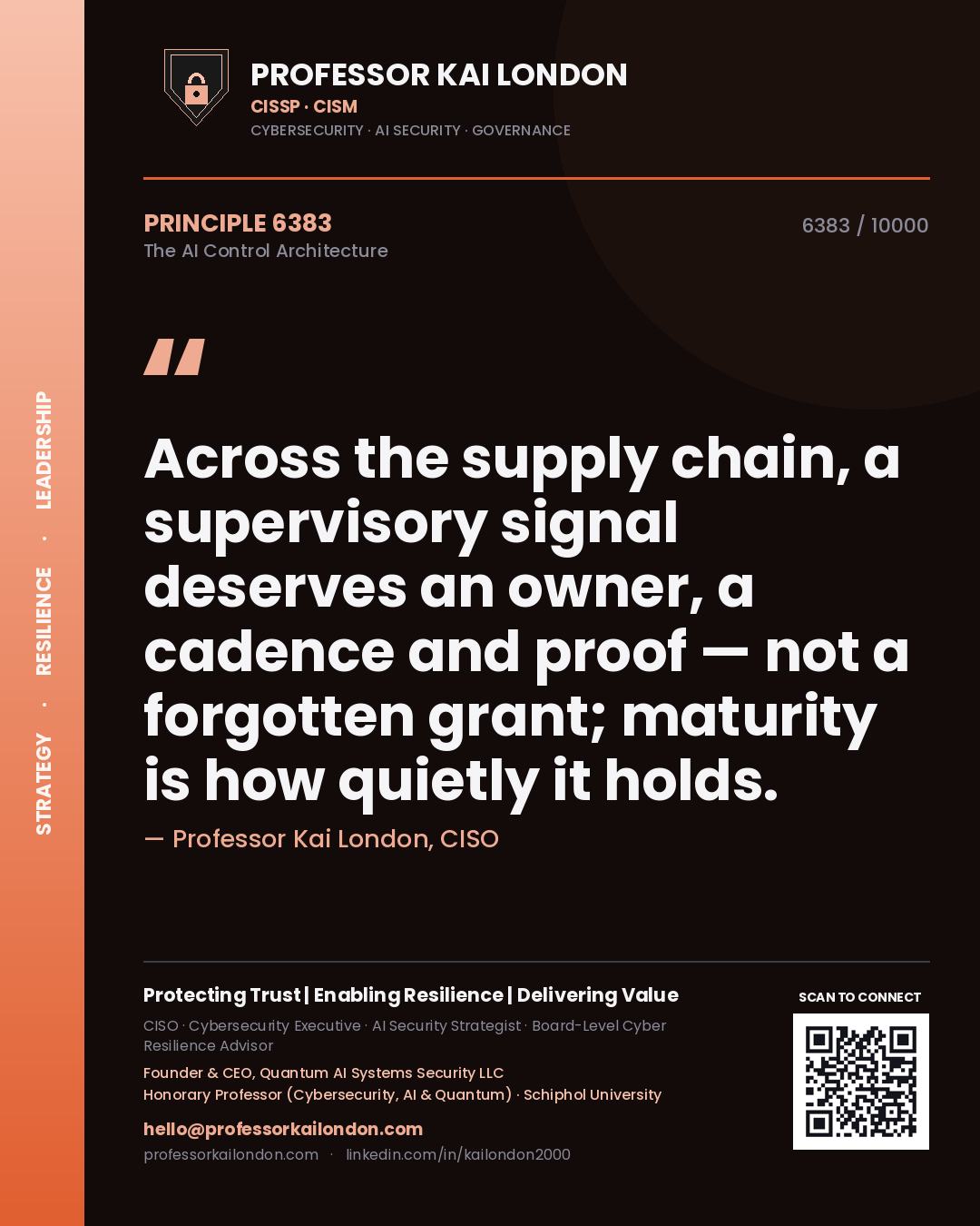 Quote card by Professor Kai London reading 'Across the supply chain, a supervisory signal deserves an owner, a cadence and proof — not a forgotten grant; maturity is how quietly it holds.'. From the book The AI Control Architecture.