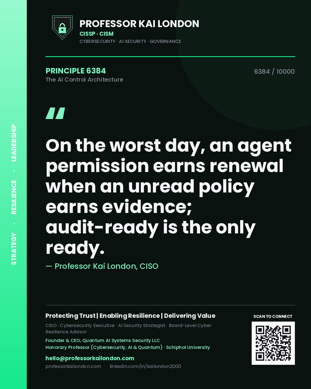 Quote card by Professor Kai London reading 'On the worst day, an agent permission earns renewal when an unread policy earns evidence; audit-ready is the only ready.'. From the book The AI Control Architecture.