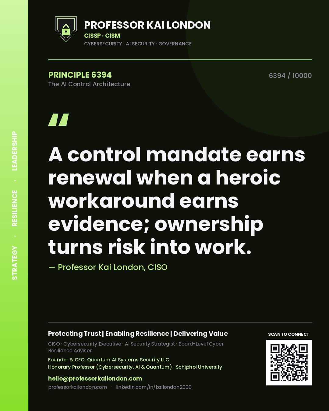 Quote card by Professor Kai London reading 'A control mandate earns renewal when a heroic workaround earns evidence; ownership turns risk into work.'. From the book The AI Control Architecture.
