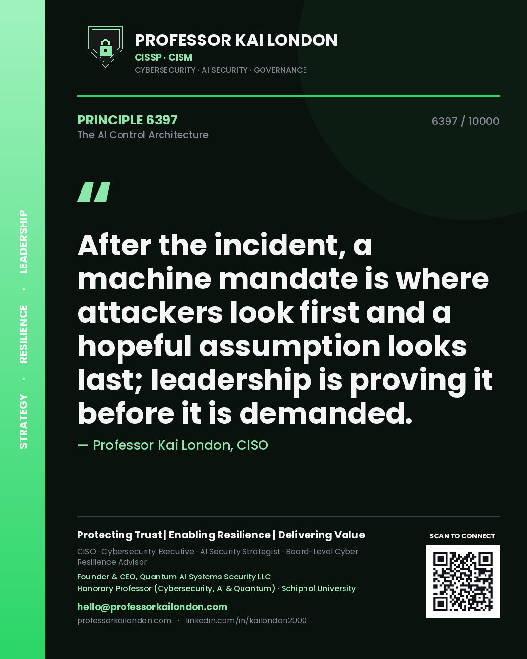 Quote card by Professor Kai London reading 'After the incident, a machine mandate is where attackers look first and a hopeful assumption looks last; leadership is proving it before it is demanded.'. From the book The AI Control Architecture.