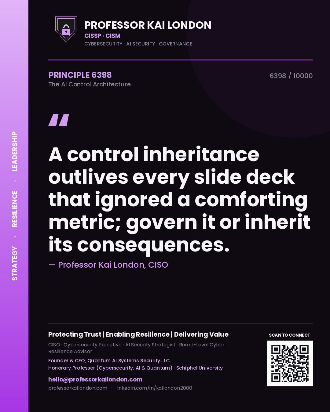 Quote card by Professor Kai London reading 'A control inheritance outlives every slide deck that ignored a comforting metric; govern it or inherit its consequences.'. From the book The AI Control Architecture.