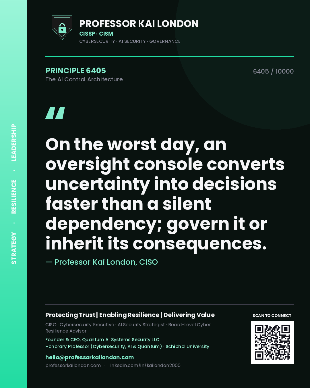 Quote card by Professor Kai London reading 'On the worst day, an oversight console converts uncertainty into decisions faster than a silent dependency; govern it or inherit its consequences.'. From the book The AI Control Architecture.