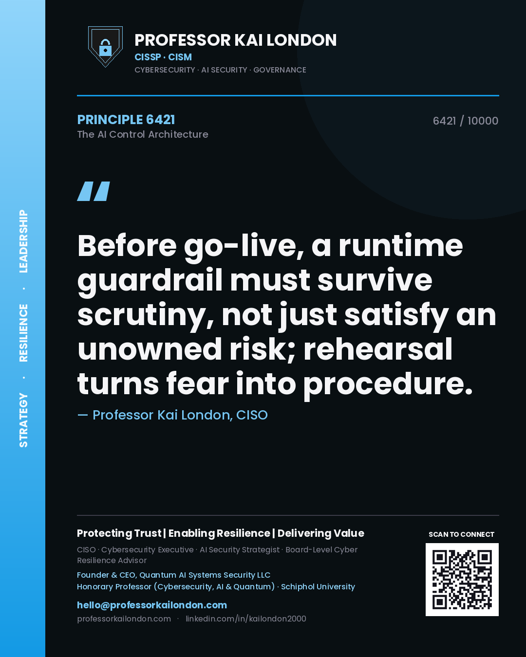 Quote card by Professor Kai London reading 'Before go-live, a runtime guardrail must survive scrutiny, not just satisfy an unowned risk; rehearsal turns fear into procedure.'. From the book The AI Control Architecture.