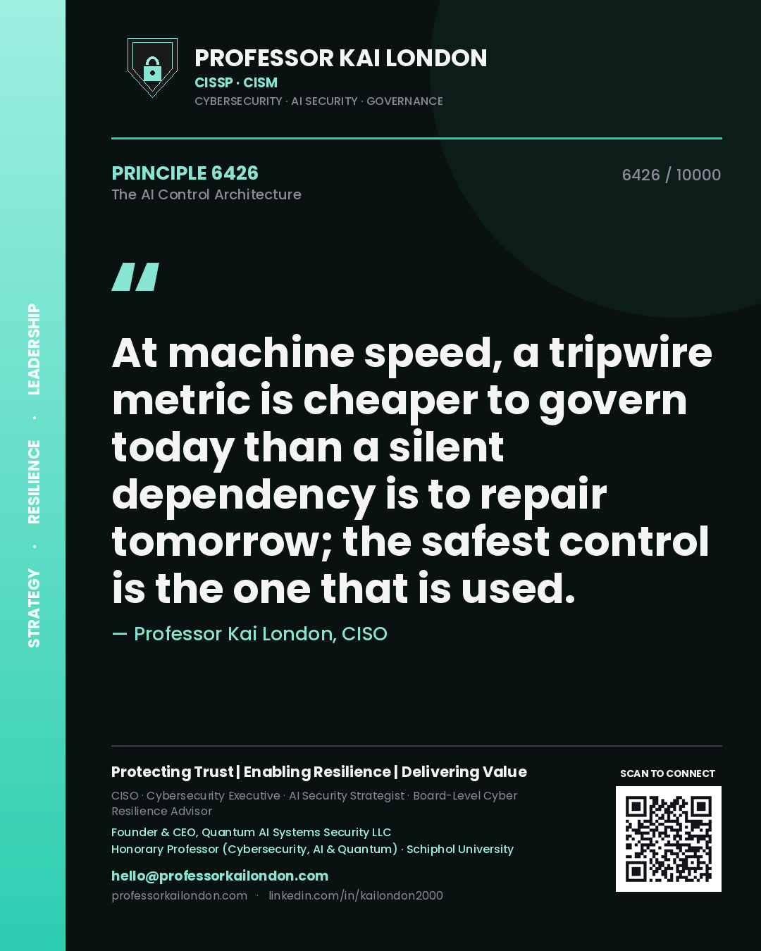 Professor Kai London principle 6426: At machine speed, a tripwire metric is cheaper to govern today than a silent dependency is to repair tomorrow; the safest control is the one that is used.